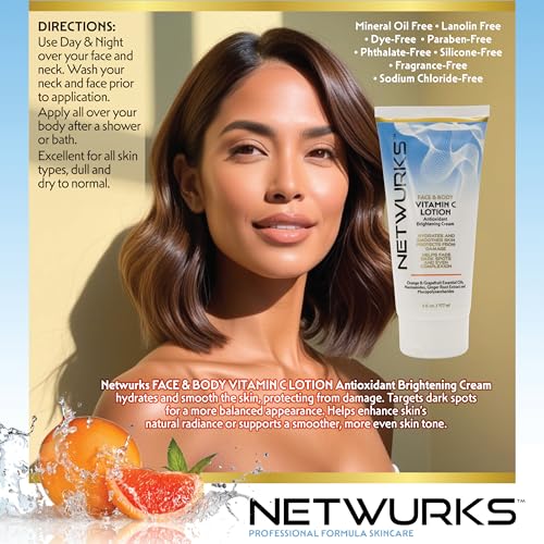 Vitamin C Lotion, Antioxident Cream for Face & Body, Smoothes & Hydrates Skin, Helps Reduce Blemishes, Fine Lines, & Wrinkles, 6 Fl Oz