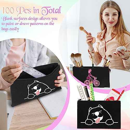 Fainne 100 Pack Canvas Makeup Bags Bulk 7.1 x 4.3 Inch Blank DIY Craft Canvas Pencil Pouch Pencil Case Multi Purpose Travel Toiletry Zipper Pouch Cosmetic Bags for Stationary Storage(Black)