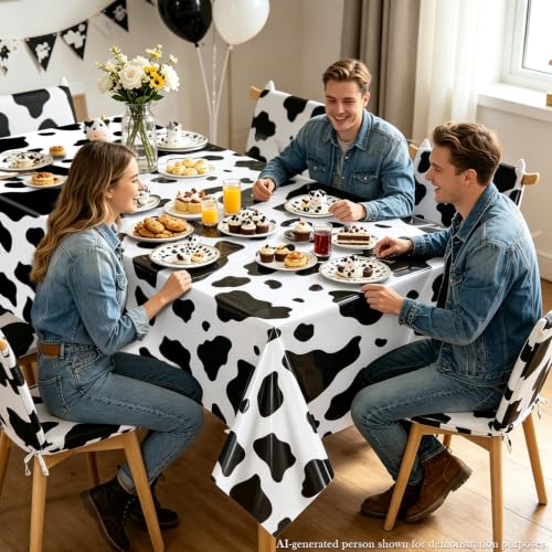 QUERICKY 4 Pack Colorful Cow & Check Pattern Plastic Tablecloths for Kids Birthday & Baby Shower, 87x51 inch, Blue, Yellow, Black