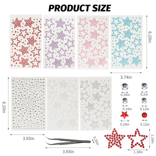 7-Pack Self-Adhesive Star Face Gems with Tweezers