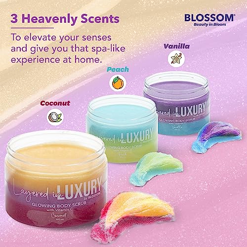 Blossom Layered in Luxury Glowing Scented Lather Foaming Body Sugar Scrub Exfoliating Polish with Skin Brightening Vitamin C, Cruelty Free, 300ml, Peach