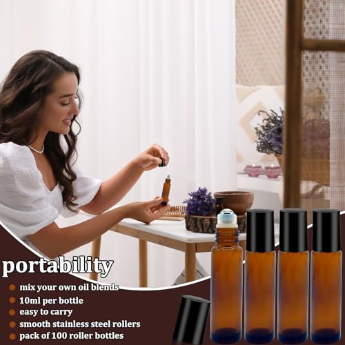 100 Pcs Essential Oil Roller Bottles 10ml Empty Glass Roller Bottles with Stainless Steel Roller Balls Protection Leakproof with 5 Funnel for Travel, Roller Balls For Essential Oils(Brown)
