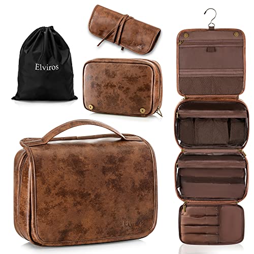 Elviros Travel Toiletry Bag - Waterproof Makeup Organizer with Removable Sections, PU Leather