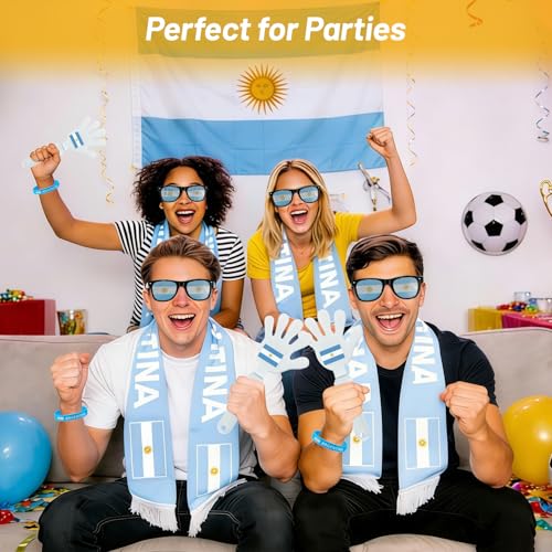 Argentina Fan Gear Set - 6-Piece Soccer Supporter Kit with Flag, Scarf, Face Paint, Glasses, Wristband & Clapper
