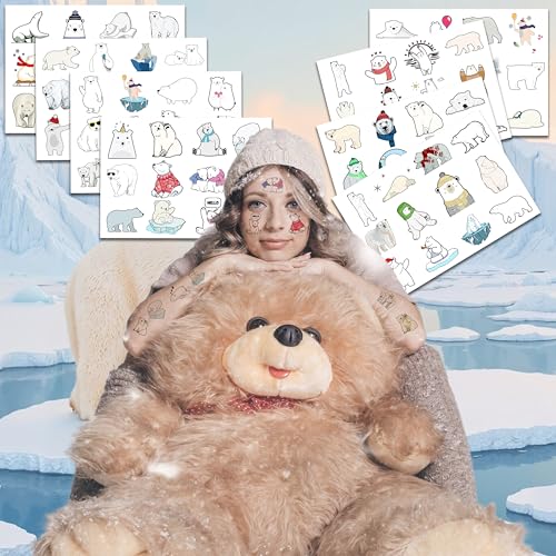 96PCS Polar Bear Temporary Tattoos ? Winter Arctic Theme Birthday Party Decorations, Cute Animal Stickers for Kids Boys Girls, Party Favors, School Prizes & Gifts
