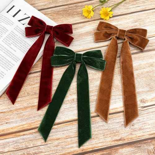 3 Pack Fall Hair Bows for Women Girls Velvet Bow Hair Accessories with Alligator Clips Big Ribbon for Autumn Christmas Winter Hair Decor (Burgundy, Green, Brown, Velvet)