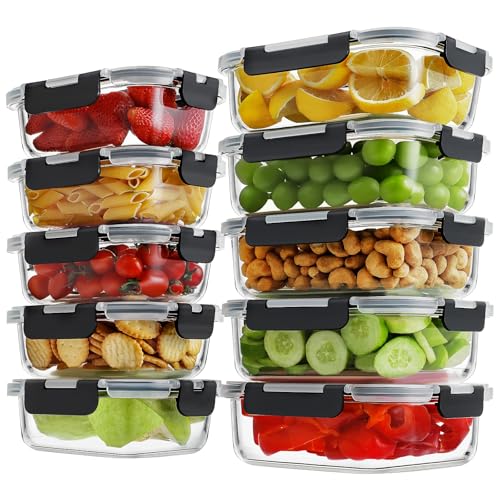 HOMBERKING 10 Pack Glass Meal Prep Containers, Glass Food Storage Containers with Locking Lids, Airtight Glass Lunch Bento Boxes, BPA-Free & Leak Proof, 36oz & 14oz (10 lids & 10 Containers), Black