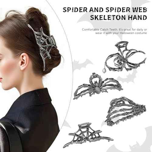 4Pack Claw Clips Hair Accessorie Metal Black Spider Web hair clips Skeleton Hand Skull Hair Clips for Women And Girls,Goth Accessories for Thick Hair, Halloween Christmas Gift.(Black 4Pcs)
