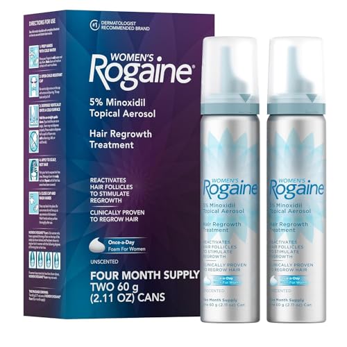 Rogaine Women's 5% Minoxidil Foam, Topical Once-A-Day Hair Loss Treatment for Women to Regrow Fuller, Thicker Hair, Unscented, 4-Month Supply, 2 x 2.11 oz