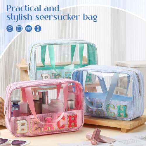 Sanwuta 3-Piece Seersucker Beach Bag Set with Clear Makeup Pouch