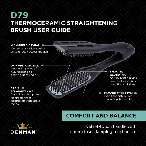 Denman D79 Thermoceramic Hair Straightening Brush - with Boar Bristles - For Wide, Wavy, Curly, Coily Hair ? Black