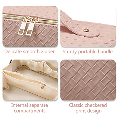 Travel Cosmetic Bag with Compartments - Large Capacity, Lay Flat, Pink Checkered Pattern PU Leather Portable Makeup Bag for Women & Girls