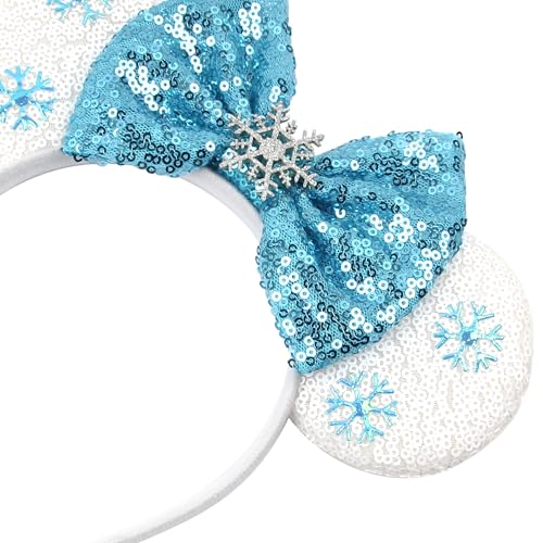Bianbaistar Snowears Velvet Headband with Big Ears & Blue Bow - Winter Snowflake Sequin Accessory for Women & Kids