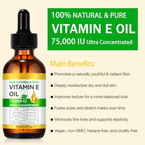 Vitamin E Oil for Skin, Hair & Face -75000 IU, Natural, Pure & Organic Vitamin E Drop Liquid for Scars, Nails, Scalp, Bath & Body Oil, Moisturizing Dry Skin, 2Oz