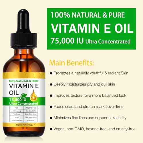 Vitamin E Oil,100% Pure & Natural Oil for Skin, Face, Hair & Nails, Body Bath for Moisturizing Dry Skin, Non-GMO & Vegan