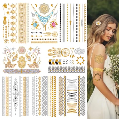 Aresvns Waterproof Metallic Temporary Tattoo,Gold Boho Snake Tattoos, 8 Sheets Gold Silver Fake Tattoos for Women Teen Girls