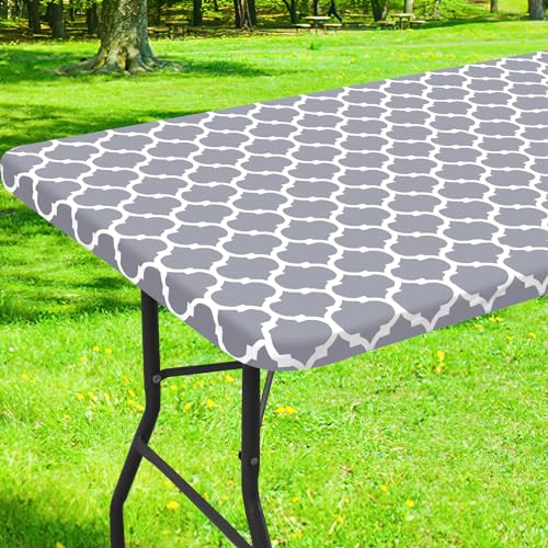 smiry Rectangle Picnic Tablecloth, Waterproof Elastic Fitted Table Covers for 5 Foot Tables, Wipeable Flannel Backed Vinyl Tablecloths for Camping, Indoor, Outdoor (White Morocco, 30x60 Inches)