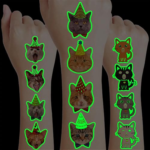96 PCS Super Cute Cat Cats Pet Pre-Cut Luminous Glow in the dark Temporary Tattoos for Kids Themed Birthday Party Supplies Favors Decorations 8 Sheets Fake Tattoo Stickers Gifts for Boys Girls Rewards