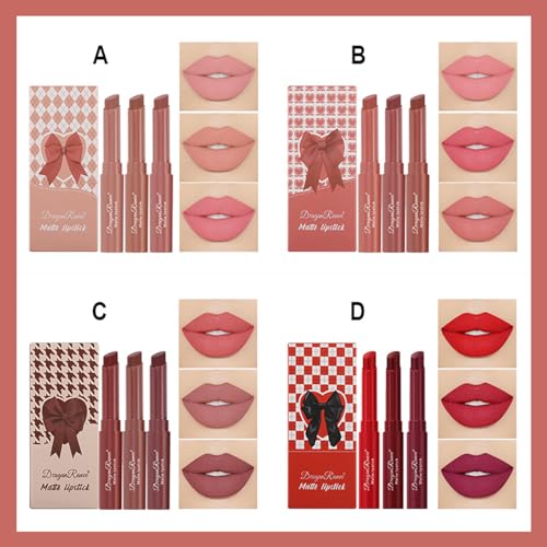 3 Colors Red Tube Lipstick, Cigarette Lipstick Set, Labiales Mate Velvet Lipstick Moisturizer & Smooth, Long Lasting 24 Hours Waterproof (Set B)