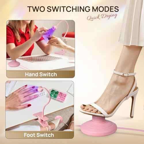 AORAEM UV LED Nail Lamp, Quick Drying UV Light for Gel Nails Foot Control LED Nail Cure Lamp, Flash Cure Light with Gooseneck and Clamp for Gel Nails, Pink