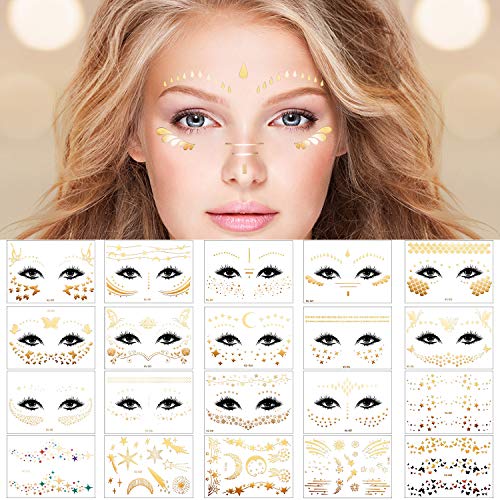 Gold Glitter Face Tattoos - 20 Sheets Waterproof Temporary Stickers