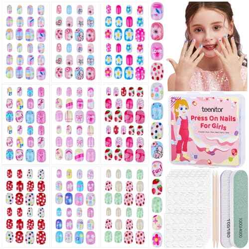 Teenitor 216pcs Press on Nails for Girls, 9 Colors 12 Sizes Press On Nails for Kids Fake Nails Little Girl Nails, Short Acrylic Nails with Nail Adhesive Tabs, Nail File Buffer