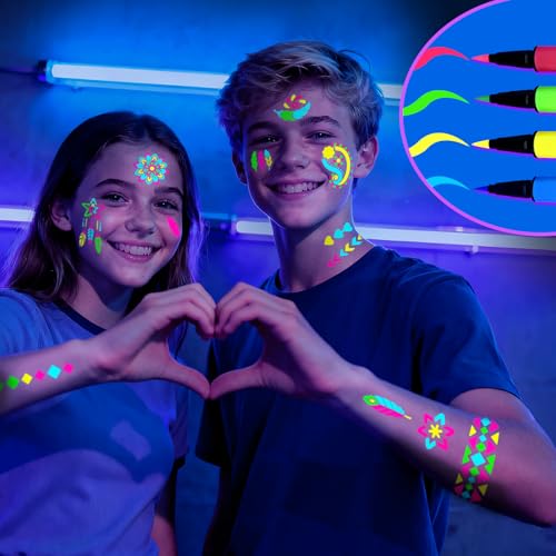 Glow In the Dark Markers for Face Body Paint, 4 Temporary Tattoo Markers for Skin + 57 Tattoo Stencil Stickers, Glow Under UV Light Body Marker Kit