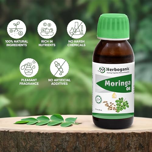 HERBOGANIC Natural Moringa Oil - Pure & Cold-Pressed - 2 oz. Bottle for Hair, Skin & Face - Moisturizes, Nourishes & Hydrates - Rich in Vitamin E & Antioxidants - Ideal for Massage & Aromatherapy¡¦¡¦