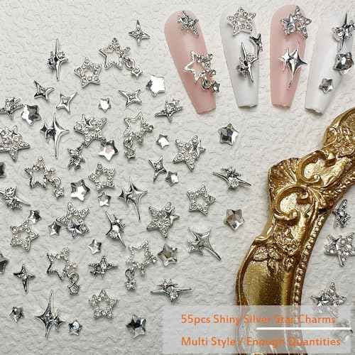 55pcs Y2K Star Nail Charms - 3D Nail Art Charms, Silver Star Rhinestones for Women & Girls (9 Styles)