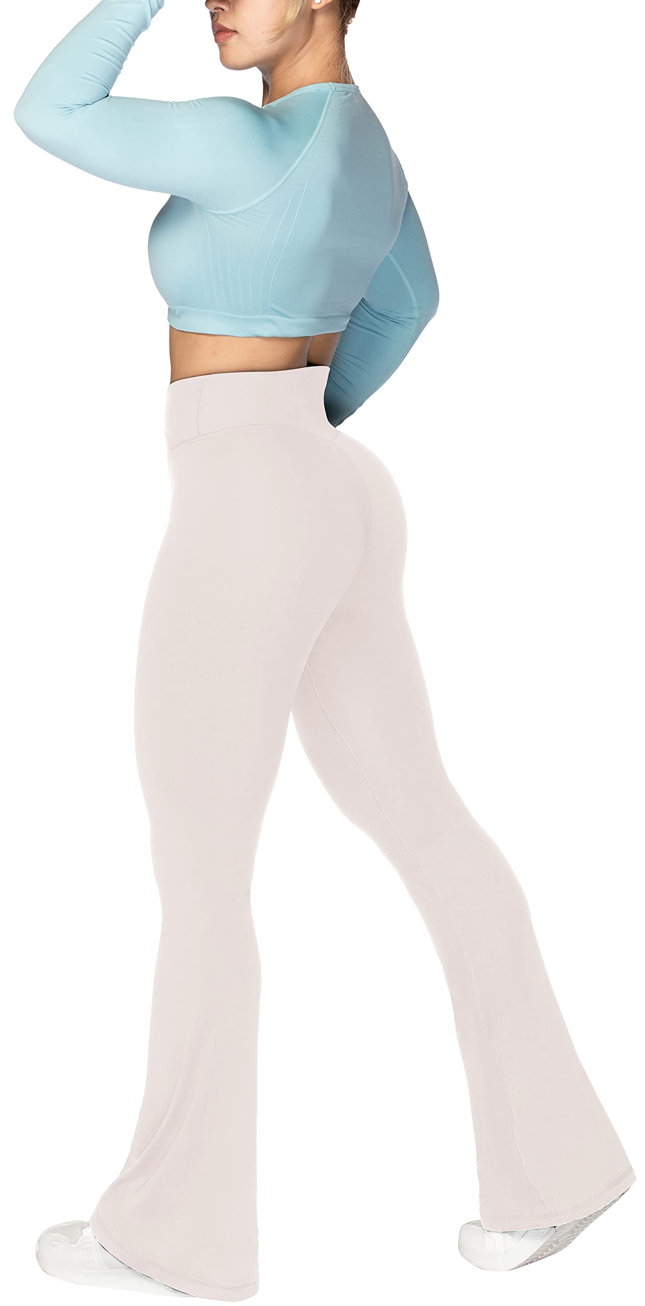 Sunzel Flare Leggings, Crossover Yoga Pants for Women with Tummy Control, High-Waisted and Wide Leg Beige