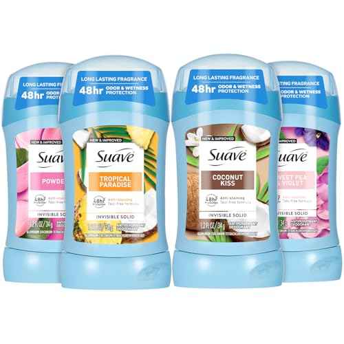 Suave Antiperspirant Deodorant for Women Variety 4-Pack ? Powder, Tropical Paradise, Coconut Kiss, Sweet Pea & Violet, Anti-Staining Invisible Solid, Talc-Free, 1.2 Oz Ea