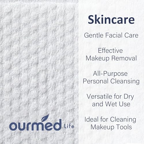 Ourmed Life Face Towels, Thicker Disposable Biodegradable Clean Face Wipes for Sensitive Skin, Lint- free Face Cloths for Makeup Remover, Skincare and Women Cleaning, Dry Wipes, 240 Count Dot Texture