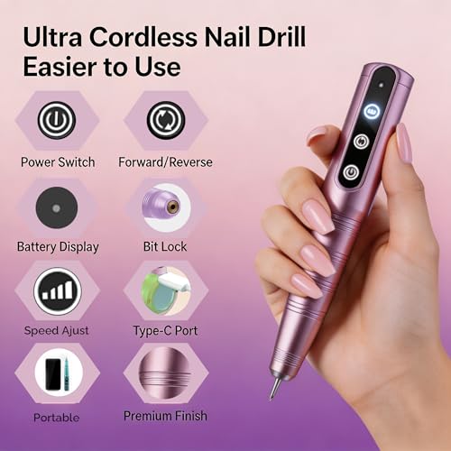 Rose Cordless Nail Drill Kit with 8H Battery, 3-Speed Efile, 7 Bits for Salon & Home Use