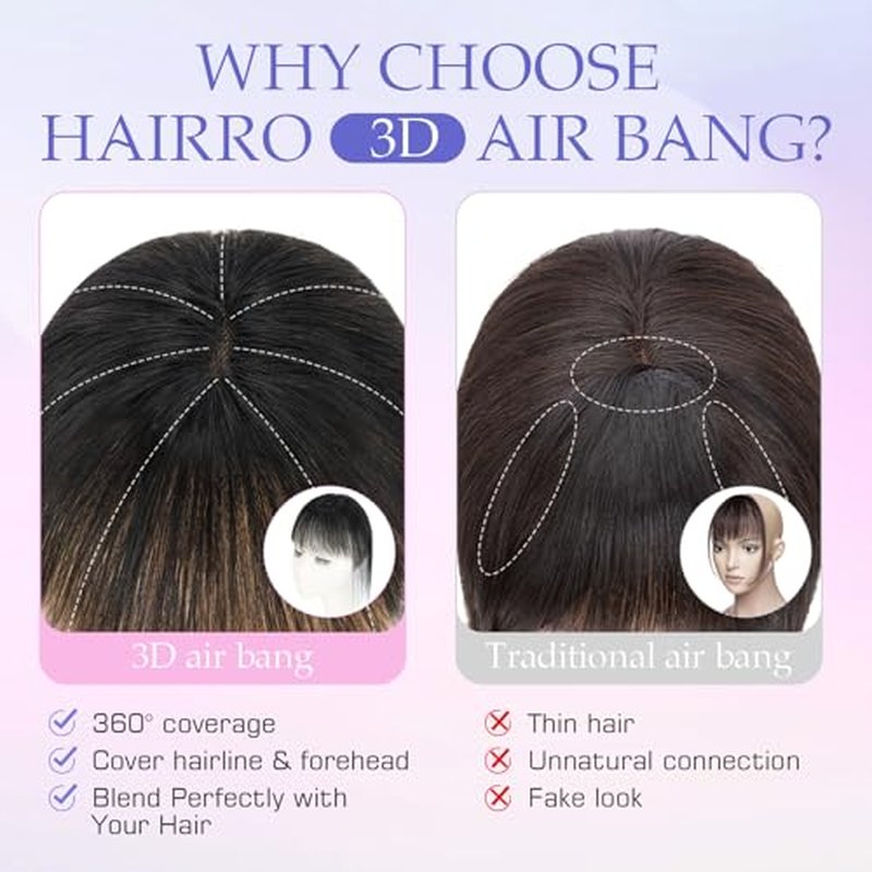 Hairro Clip On Bangs Human Hair 3D 360° Coverage 8 Inches
