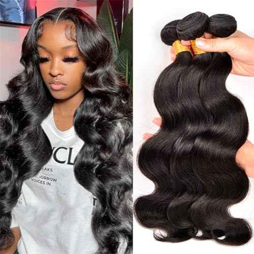 12A Human Hair Bundles 16 18 20 Inch Body Wave Bundles Human Hair, hair extensions real human hair Natural Black Wavy Human Hair Extensions 1B Bundles for Women(body16 18 20)