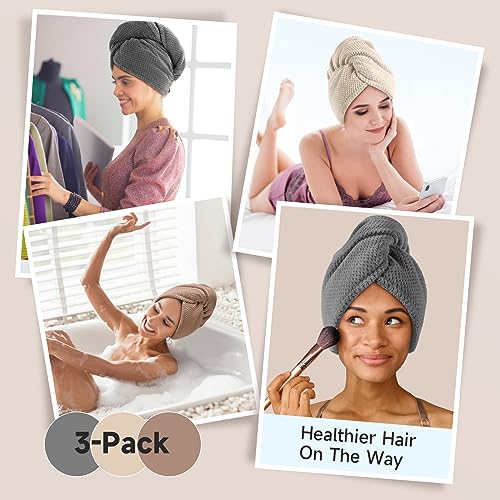 Umisleep 3 Pack Microfiber Hair Towel Wrap for Curly Hair, Super Absorbent Hair Drying Towel for Women, Kids, Hair Care Accessories, Hair Turban for Wet Hair (Grey, Camel, Brown)