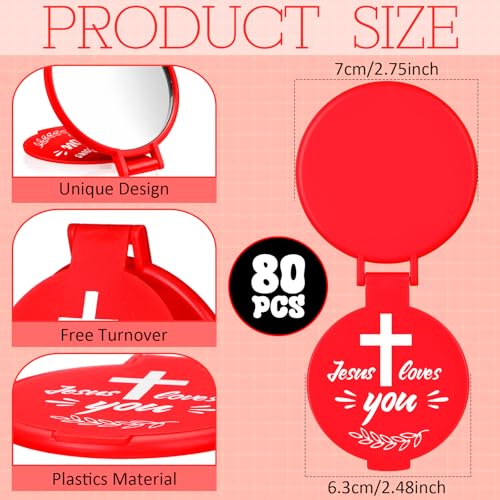 Yerliker 80 Pcs Valentines Christian Mini Compact Mirrors Bulk Jesus Loves You Cute Pocket Mirrors for Purses Inspirational Religious Gifts for Women Girls Coworkers Friends Employee
