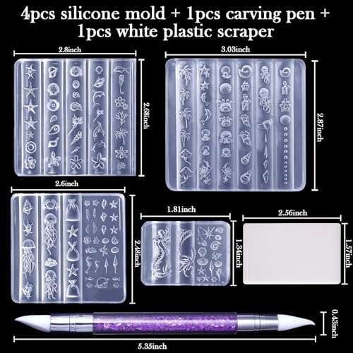 Laza 4-Piece 3D Ocean Silicone Nail Art Molds with Carving Pen & Scraper