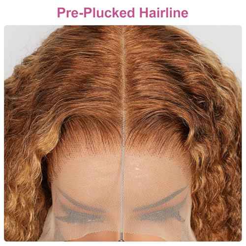 210% Density 13x6 Highlight Ombre Full Lace Frontal Wigs Human Hair 12A Deep Wave Brazilian Human Hair Pre Plucked 4/27 Honey Blonde HD Glueless Transparent Lace 20 Inch