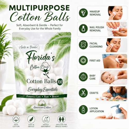 Pure USA Cotton Balls (100 Count) - Soft & Absorbent for Beauty & First Aid