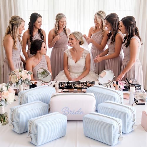 8-Piece Bridesmaid Makeup Bags Set | Seersucker Cosmetic Pouch Bulk