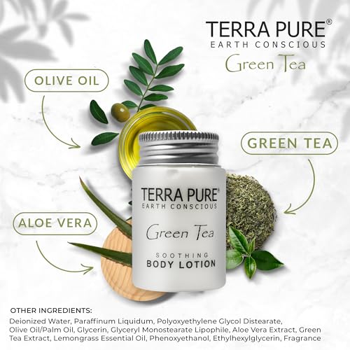 Terra Pure Travel Size Hotel Body Lotion 300 Count 1 oz Bottles Guest Amenities for Hotels Vacation Rentals and Short Term Rentals Paraben Free Green Tea Scent Infused with Aloe and Olive Oil