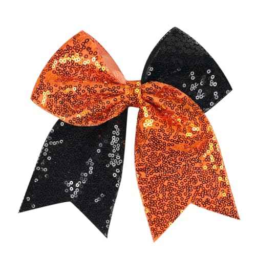 Jumbo Glitter Cheer Bow Clip - 7 Inch Large Cheerleading Sequin Hair Bow with Tails for Girls Teen Softball Cheerleader Outfit Uniform (Orange Black)