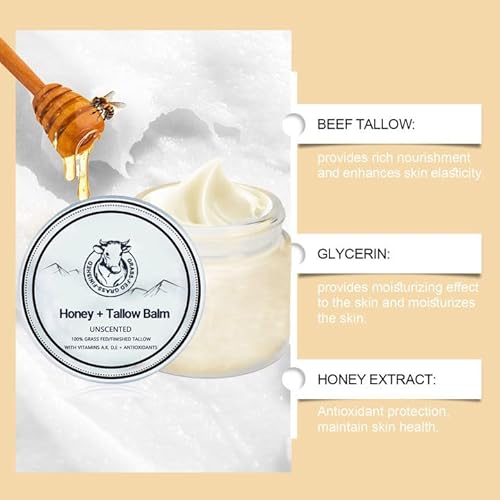 Grass Fed Honey & Tallow Balm, Tallow+Honey Cream, Organic Beeftallow and ManukaHoney Face Cream, Hydrating Soothing Moisturizer For Skin (1)