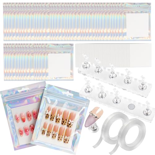 50 PCS Nails Packaging Bags with Nail Stand for Fake Nail, Holographic Press On Nail Storage Container Nail Art Kit for Diy Design,Nail Cardboards with 2 Double-sided Adhesive Tape Salon Home