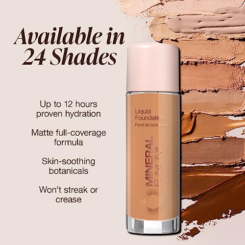 Mineral Fusion Full Coverage Foundation, Liquid Foundation - Warm 4- Med to Tan Complexion w/Golden/Yellow Undertones, Lightweight Matte Finish, Up to 12 Hr Hydration, Hypoallergenic & Vegan, 1 fl. oz