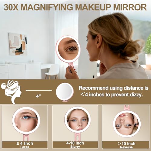 Mocado 30X Magnifying Lighted Makeup Mirror - Rose Gold, 6" Large Surface, Suction Cup
