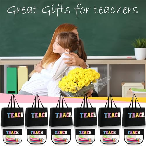 Talltalk 12 Pcs Teacher Tote Bags Bulk, Black Appreciation Gifts Chenille Letters Totes Bags with Makeup Pouch Set for Easter Graduation Party Teacher Gifts