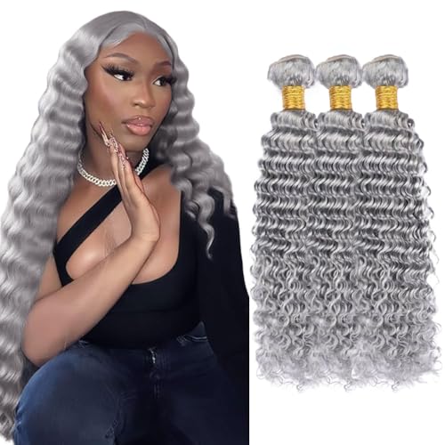 Fridnae 32 Inch Grey Deep Wave Human Hair Bundles - 3 Pack