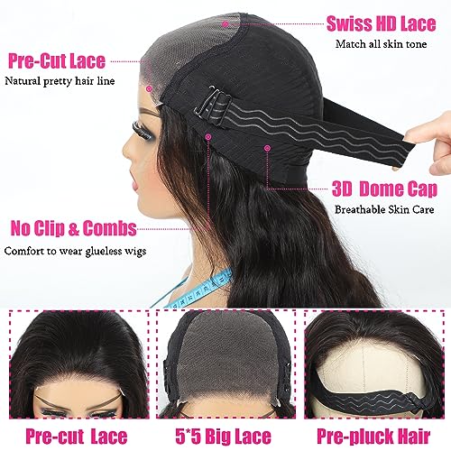 28" Glueless Human Hair Wig 5x5 HD Lace Body Wave Pre Plucked